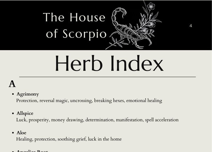 The Herb Index page of the Mini Grimoire