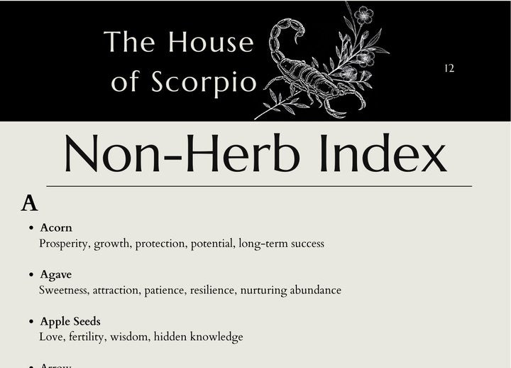 The Non-Herb Index page of the Mini Grimoire
