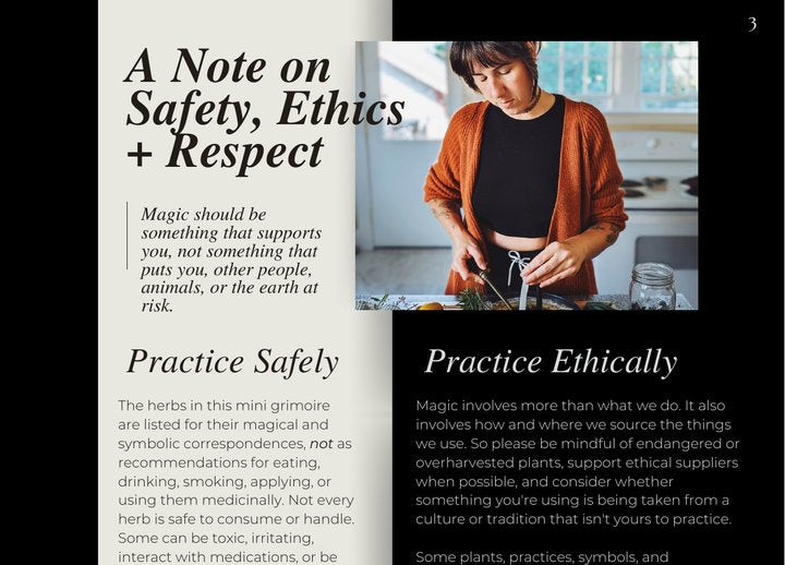 The safety and ethics page of the Mini Grimoire